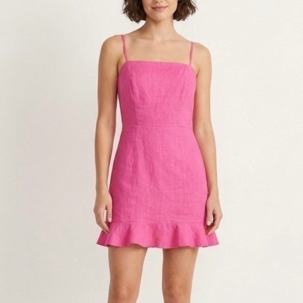 & Other Stories Hot Pink Linen Ruffle Mini Dress Smocked Back Size EUR 42 US 10